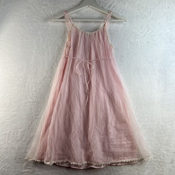 Miss Elaine Small Vtg Pastel Pink Chiffon Short Babydoll Pegnoir Sheer Negligee - Picture 6 of 11